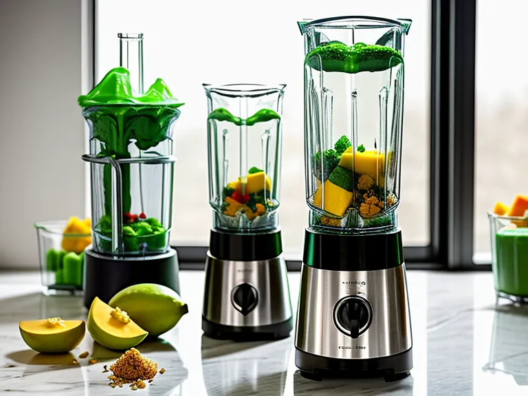Close-up of smoothie ingredients like spinach and mango in a blender.