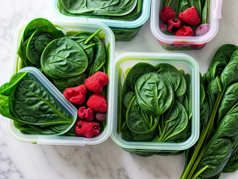Frozen fruit and bags of spinach on a kitchen counter for meal prep.