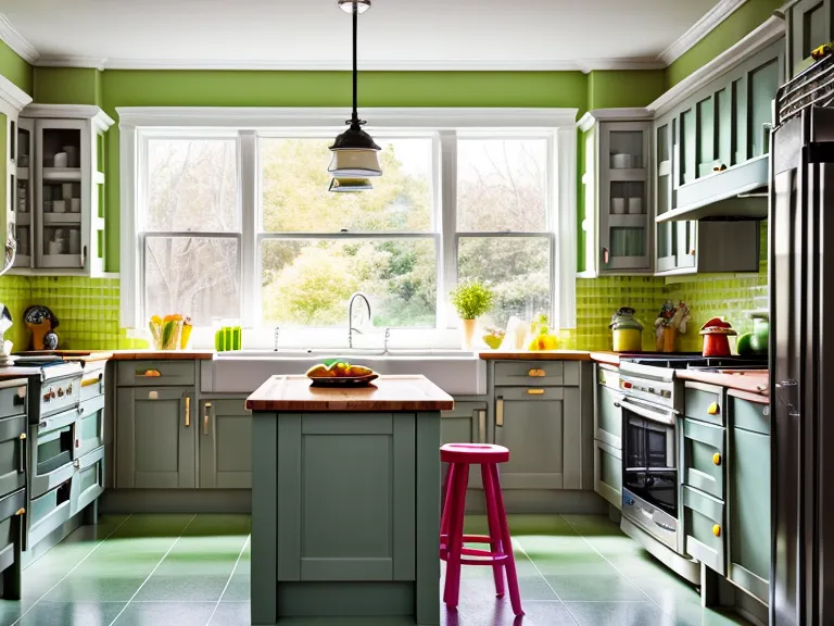 A green smoothie in a kitchen with toys on the floor.