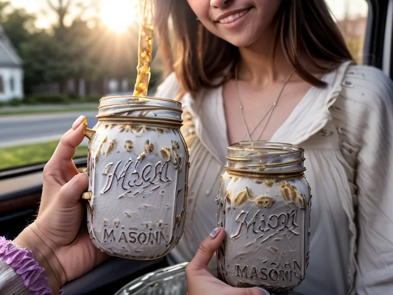 A healthy breakfast jar sitting in a car cup holder during school drop-off.