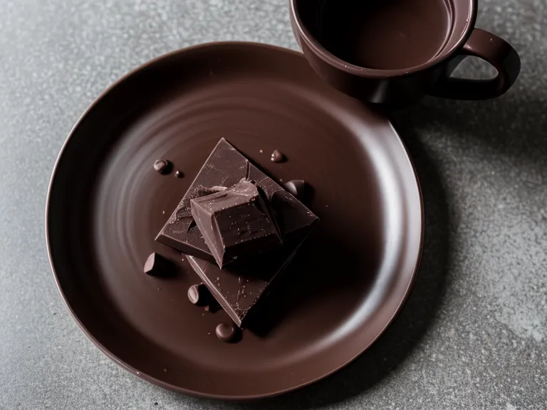 A single serving of dark chocolate next to a cup of coffee on a kitchen table.