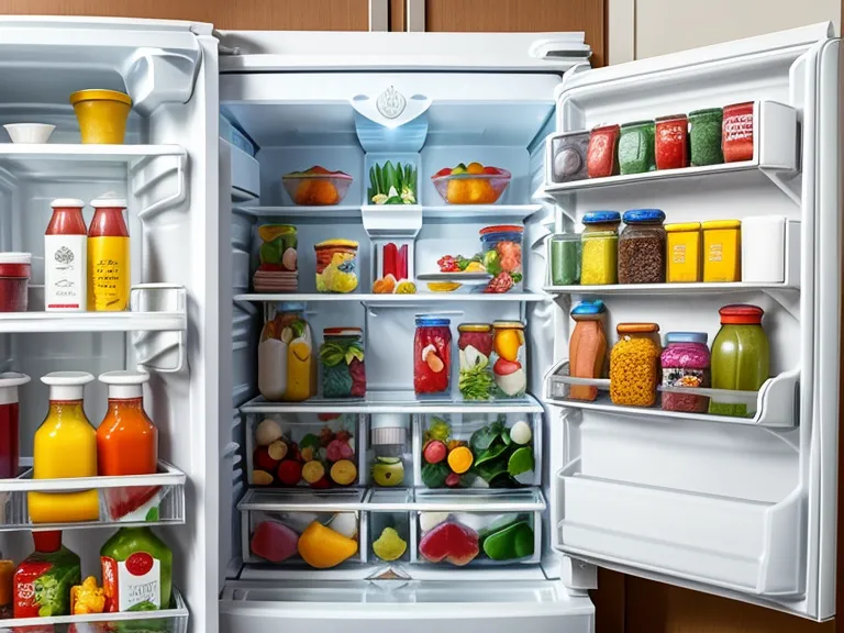 An open refrigerator showing organized food and several jars of pickles.